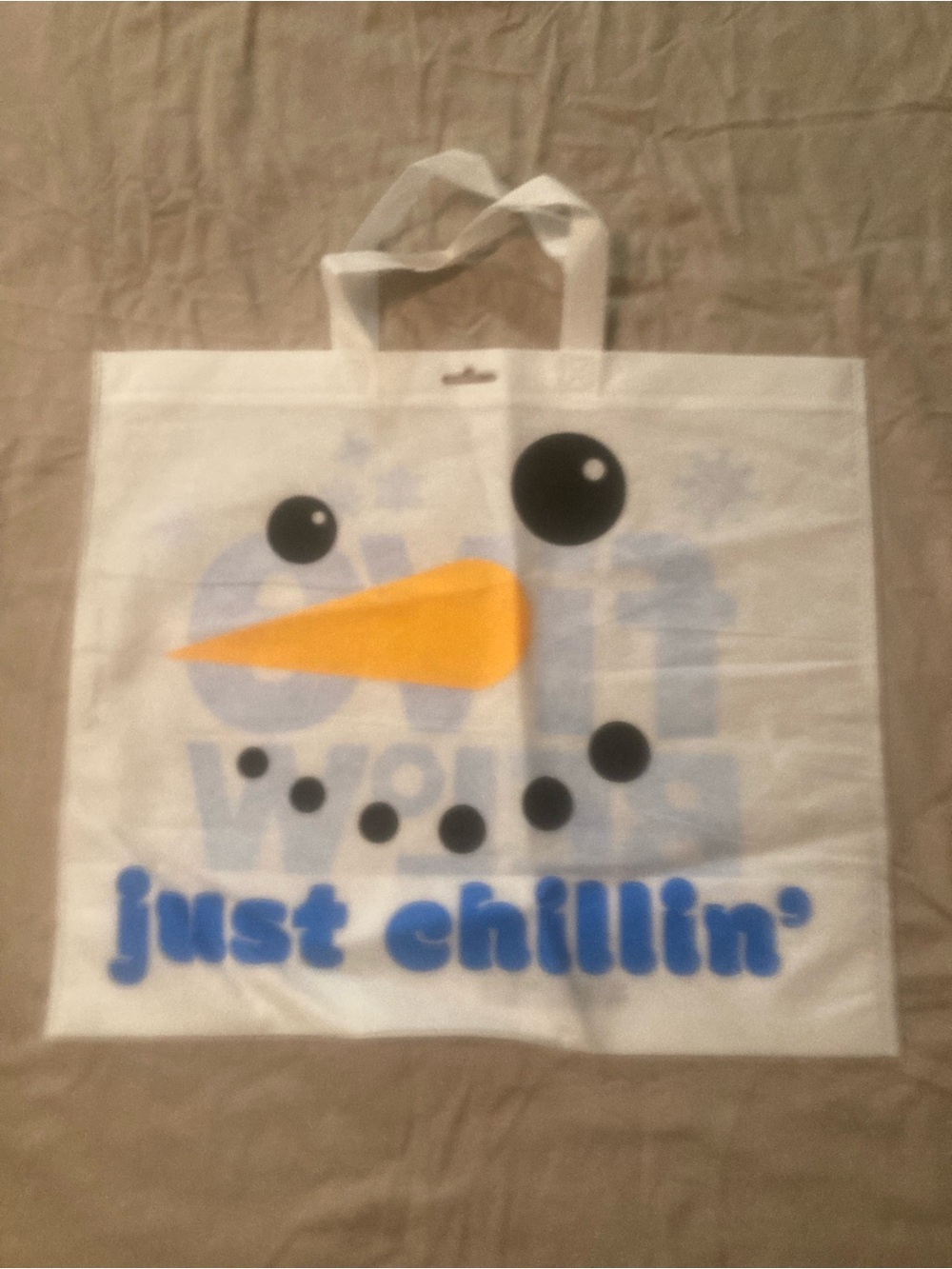 Five Below White Tote with Blue Text and Orange Nose Snowman Graphic